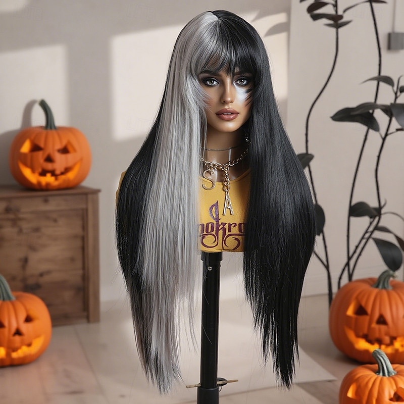 Synthetic Wig Straight Natural Straight Middle Part Neat Bang Wig 30 inch Black / Gold Synthetic Hair 30 inch Women's Soft Classic Comfy Multi-color3