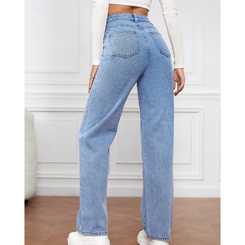 Women's Jeans Chinos Straight Vacation Vintage Streetwear Full Length Medium Waist Plain Pocket Elastic Waist Comfortable Inelastic Micro-elastic Outdoor Street Daily Black Grey Navy Black White Fall4