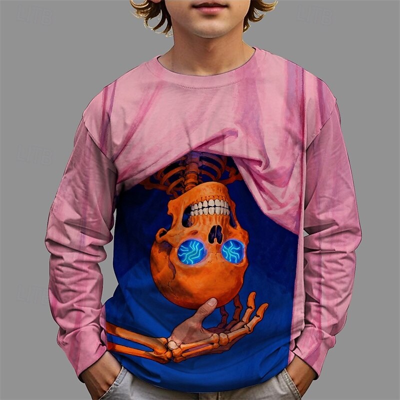 Halloween Boys' 3D Graphic Cartoon T shirt Tee Long Sleeve Spring Fall Fashion Basic Kids 4-12 Years Crew Neck Outdoor Casual Daily Regular Fit