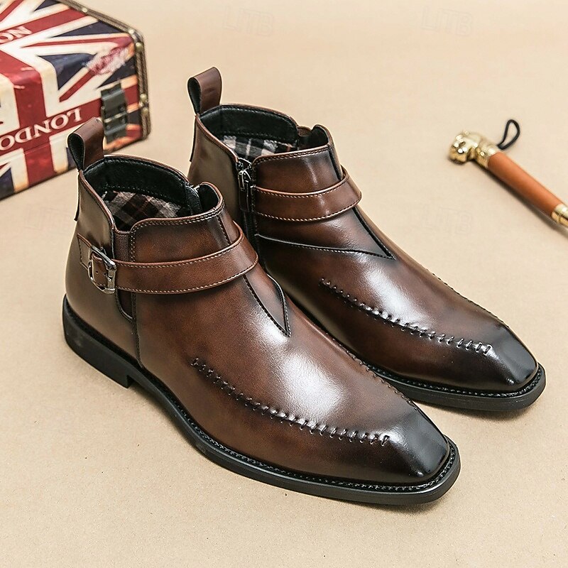 Men's Brown Faux Leather Buckle Ankle Boots – Stylish Stitched Dress Shoes for Weddings, Parties and Evening Wear3