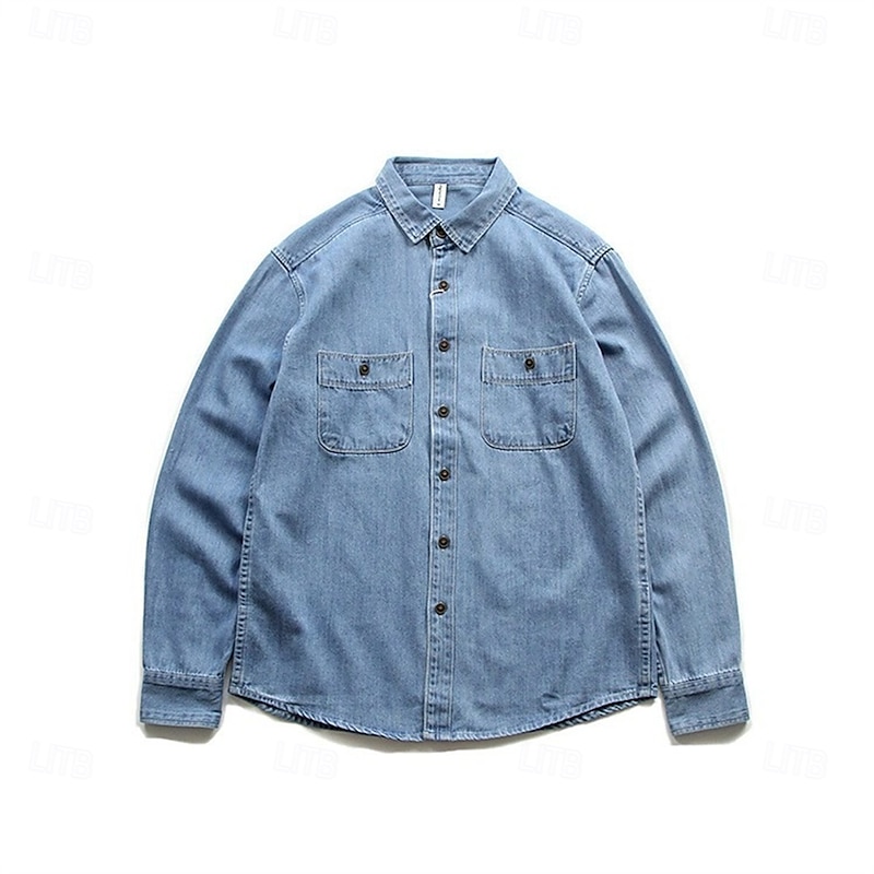 Men's Shirt Casual Shirt Button Up Shirt Denim Shirt Dark Blue Light Blue Long Sleeve Plain Lapel Vacation Hawaiian Pocket Clothing Apparel Polyester Fashion Casual Comfortable2