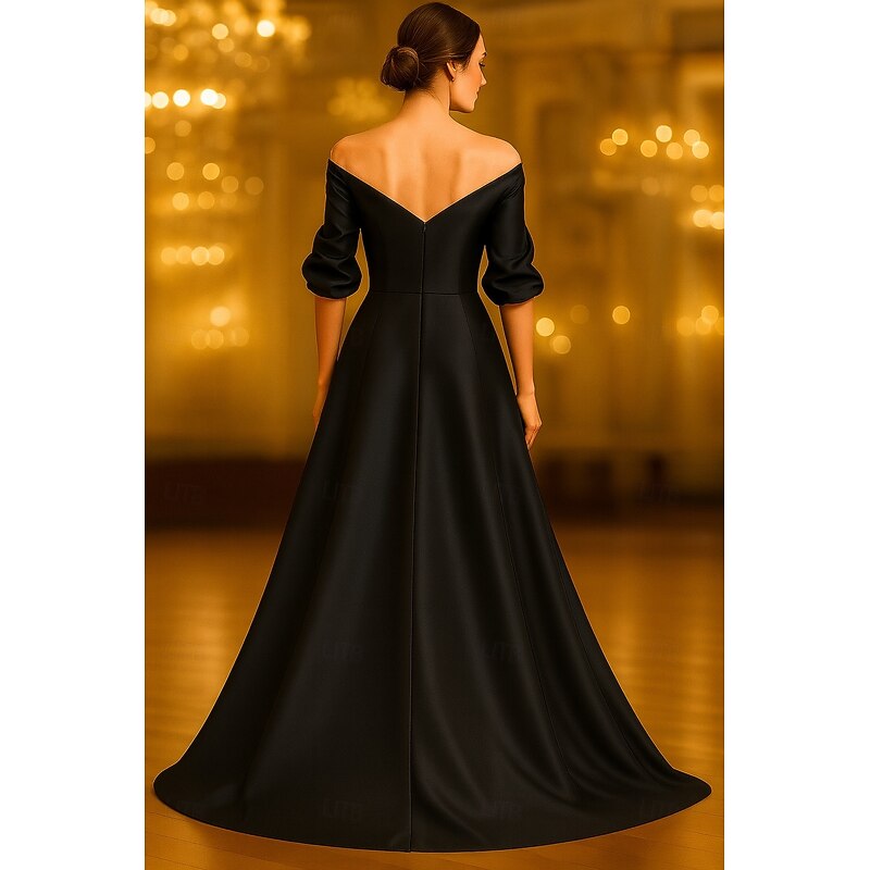 Black Red A-Line Evening Gown Elegant Formal Dress Formal Wedding Floor Length Long Sleeve Off Shoulder Satin with Glitter Sequin 20253