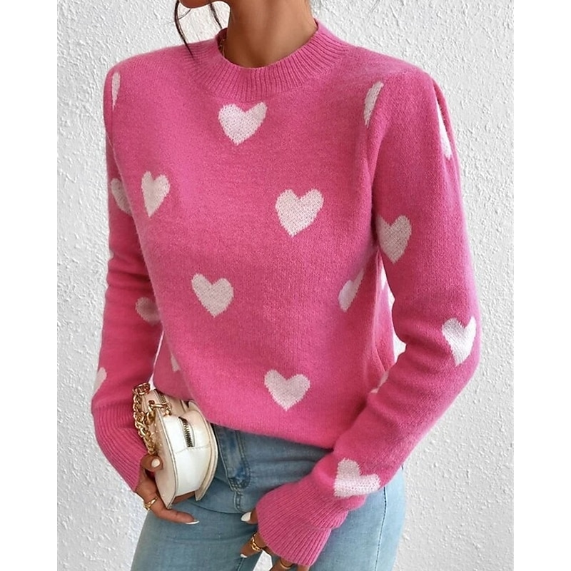Women's Sweater Pullover Fashion Casual Heart Ribbed Crew Neck Knitted Long Sleeve Regular Tops Knit Outdoor Daily Weekend Pink Fall Winter2