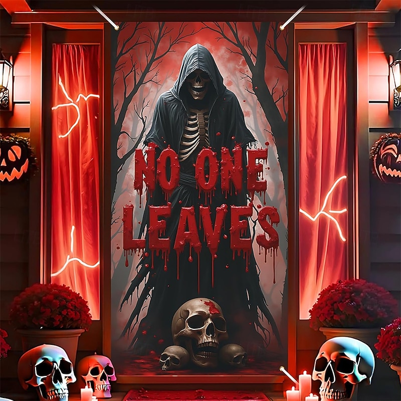 Halloween Door Cover Outdoor Banners Skeleton Grim Reaper 3D Dark Punk Gothic Style Party Outdoor Shooting Backgrounds Front Door Wall Porch Home Decor2