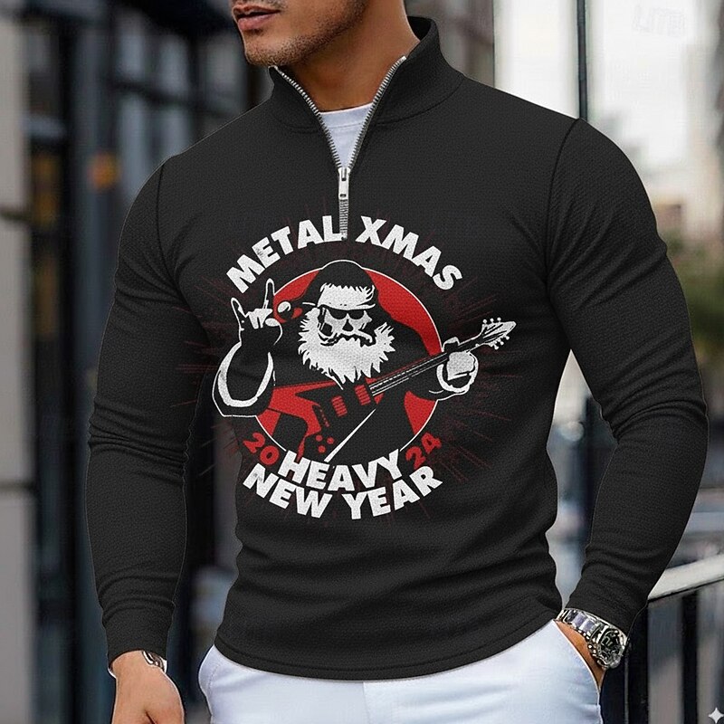 Christmas Men's Christmas Pattern Polo Long Sleeve Polo Shirts Grandad Collar Casual Holiday Daily Wear Festival Outfit 3D Print Quarter Zip Polo Spring Fall Winter Black Red Green
