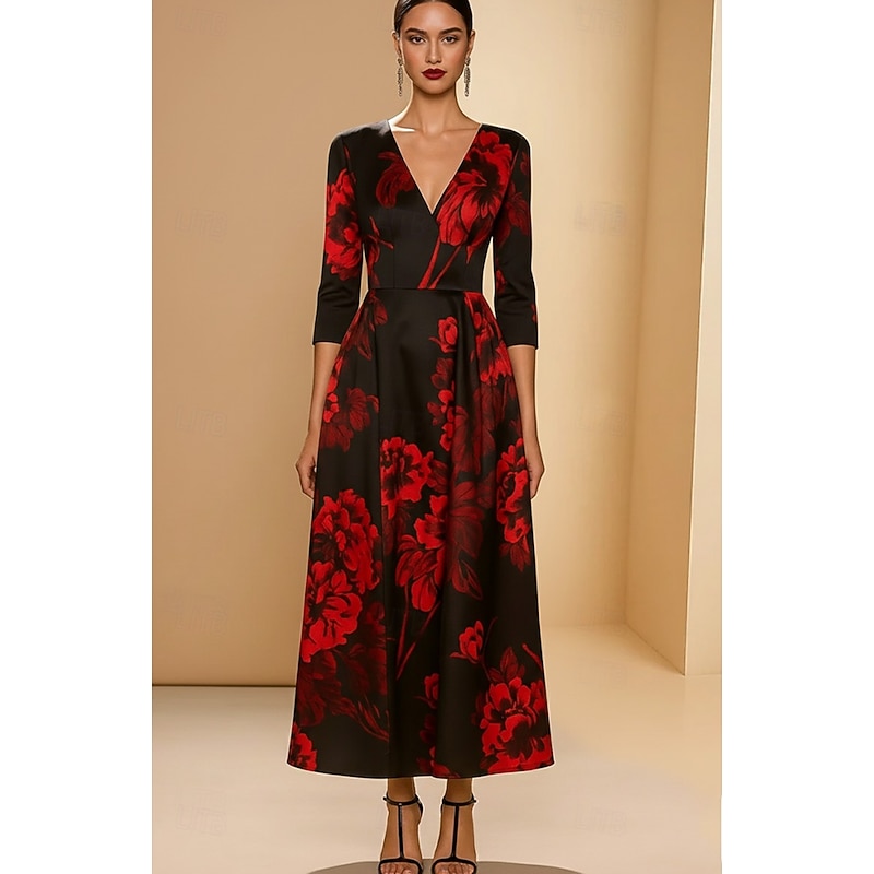 A-Line Cocktail Dresses Elegant Formal Dress Formal Wedding Tea Length 3/4 Length Sleeve V Neck Satin with Floral Print 2025