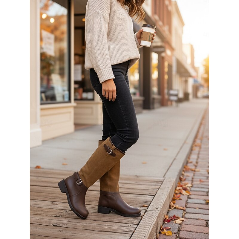 Women's Adjustable Shaft Knee High Boots - Suede and Faux Leather Combination with Buckle Detail, Fashionable Riding Style Footwear for Urban Casual Outfits and Everyday Wear2