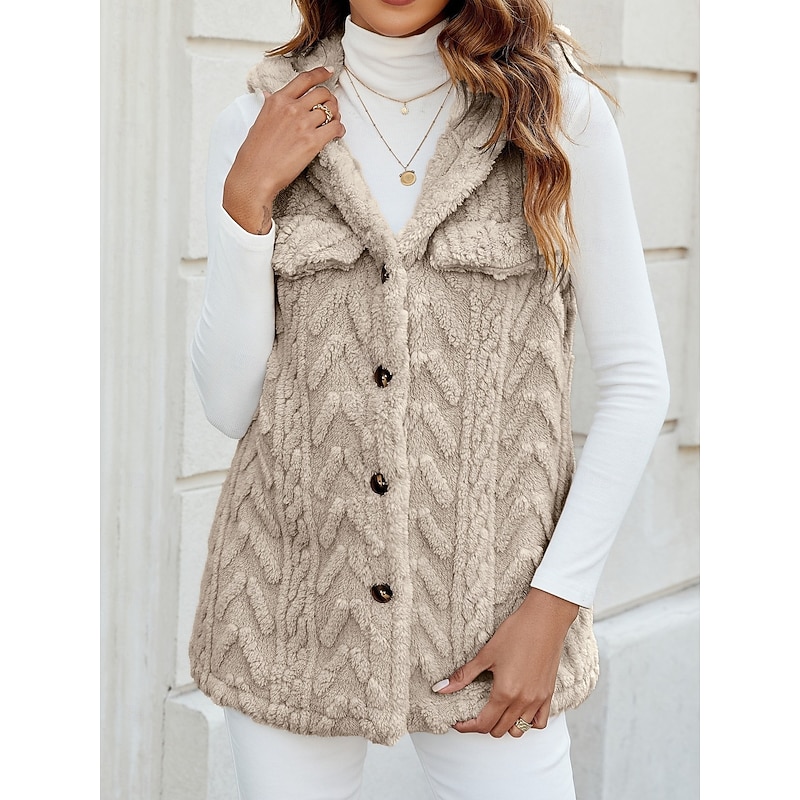 Women's Sherpa Jacket Comfortable Breathable Buttons Casual Plain Vacation Street Casual Daily Wear Single Breasted Short Hooded Regular Fit Sleeveless Outerwear Pink Red Purple Spring Fall