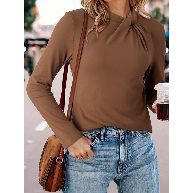 Women's Blouse Solid Color Stylish Modern Casual Long Sleeve Crew Neck Regular Tops Daily Ruched White Army Green Brown Apricot Spring Fall Winter2