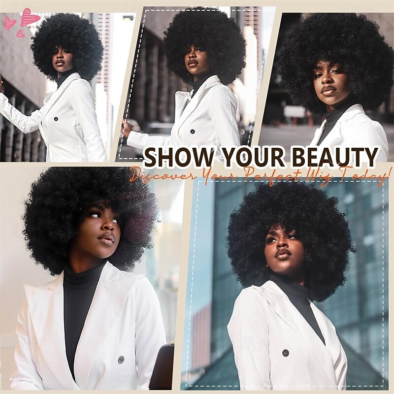 Afro Wigs for Black Women 70s Afro Kinky Curly Wig with Bangs Bouncy Huge Fluffy Puff Wigs Synthetic Hair for Cosplay Daily and Party 14Inch3