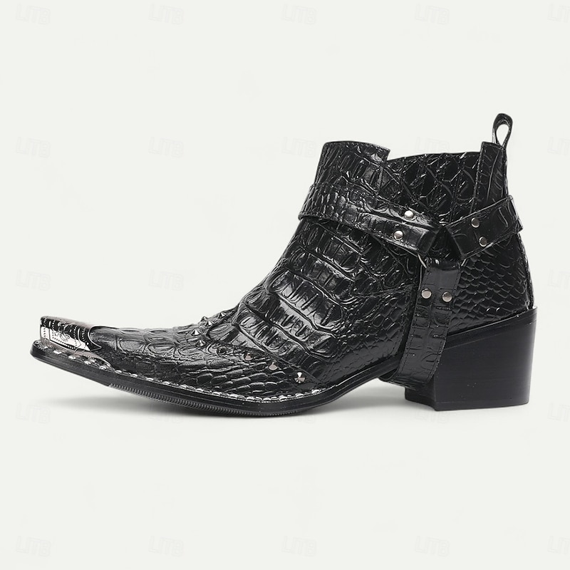 Men's Black Crocodile Pattern Harley Motorcycle Boots with Metal Toe Guard, Western Punk Biker Style Ankle Boots for Riding, Concerts and Nightlife Fashion3