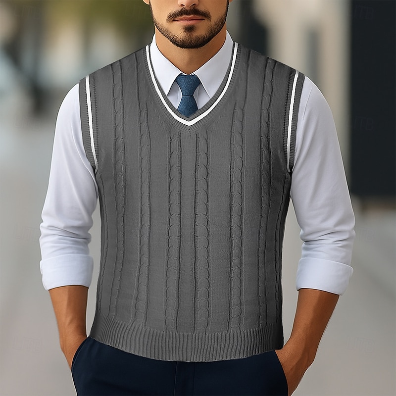 Men's Sweater Sweater Vest Pullover Sweater Jumper Cable Knit Regular Tops Knitted Slim Fit Geometric V Neck Knitwear Contemporary Casual Daily Wear Clothing Apparel Winter Spring &  Fall Wine Black