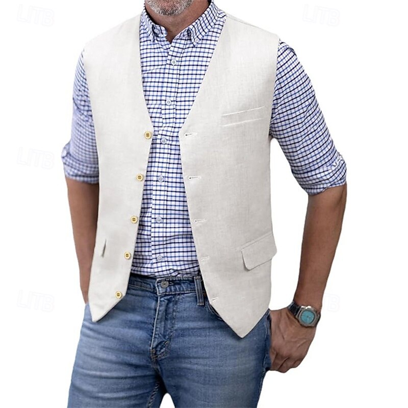 Men's Vest Waistcoat Gilet Vacation Party Business Fashion Casual Spring Fall Pocket Buttons 75% Cotton Comfortable Plain Single Breasted One-button V Neck Regular Fit Silver Black White Champagne3