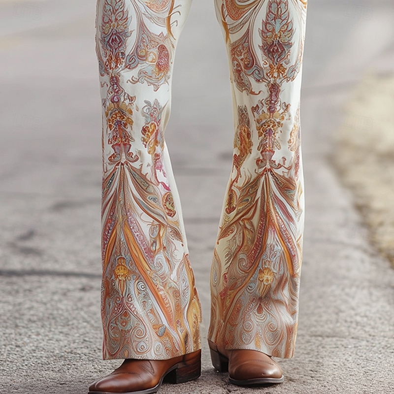 Men's Floral Print Flowers Disco Pants 60s 70s Bell Bottoms Mid Waist Western Vintage Retro Outdoor Vacation Party Side Pockets Flared Leg Pants Trousers Spring Fall 3D Print Blue Purple Beige2