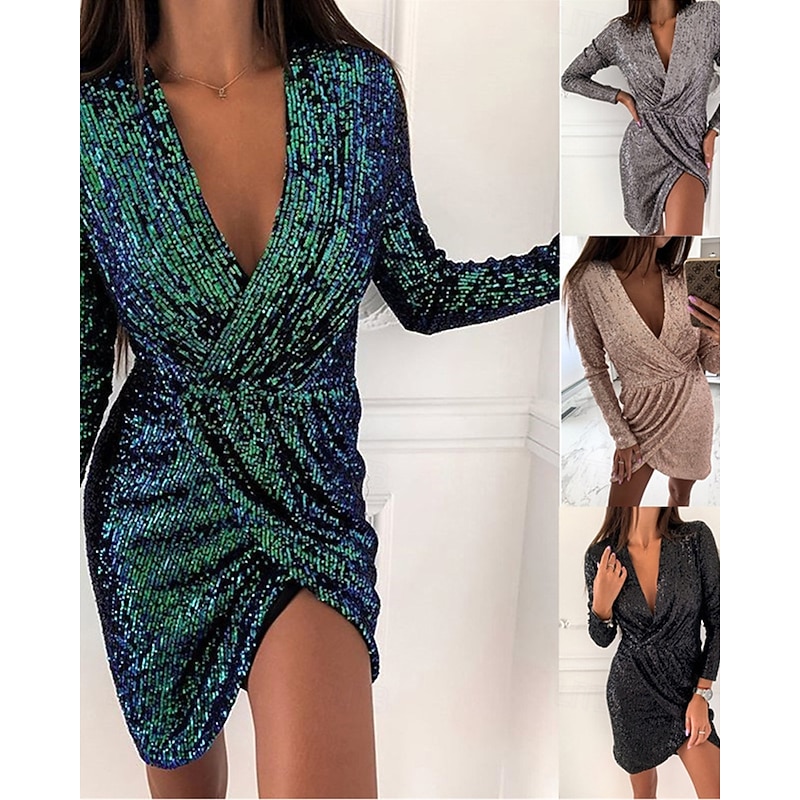 Women's Midi Dress Black Dress Sequin Dress Party Dress Casual Dress Elegant Fashion Modern Outdoor Party Daily Slim Plain Long Sleeve V Neck Light Pink Black White Pink Spring Autumn
