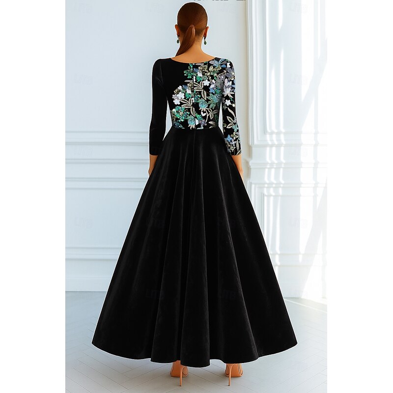 Black Green Velvet Embroidered A-Line Evening Gown Elegant Formal Dress Formal Wedding Floor Length 3/4 Length Sleeve Crew Neck Pocket with Bow(s) Pocket 20252