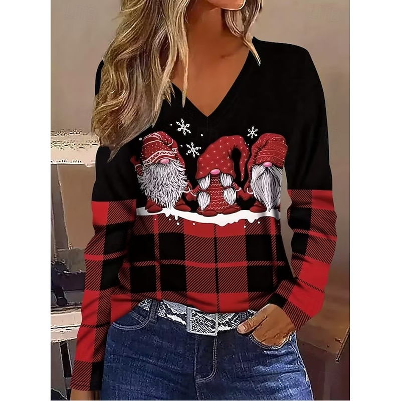 Christmas Women's T Shirt Graphic Geometric Santa Claus Vintage Stylish Classic Long Sleeve V Neck Regular Tops Daily Print Black Spring Fall Winter