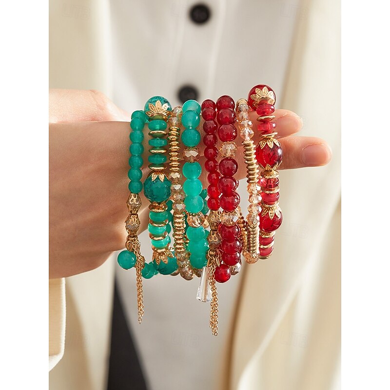 Women's Faux Crystal Beaded Bracelet Set with Gold Accents, Boho Layered Stretch Bangles Jewelry for Parties, Weddings and Everyday Wear3