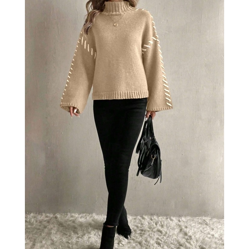 Women's Sweater Pullover Fashion Casual Pure Color Ribbed Turtleneck Knitted Long Sleeve Regular Tops Knit Outdoor Daily Weekend Khaki Fall Winter4