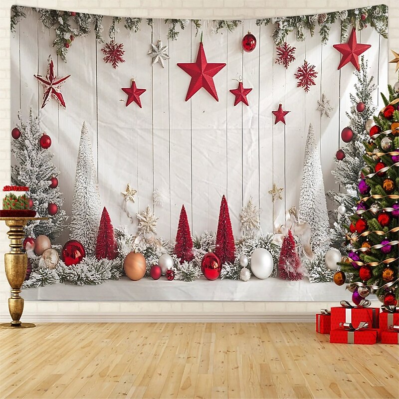 Chrismas Hanging Tapestry Christmas Tree Stars Ornament Balls Gift Boxes Large Wall Art Mural Decor Blanket Curtain Holiday Home Bedroom Living Room Festive Party Seasonal Celebration Decoration2