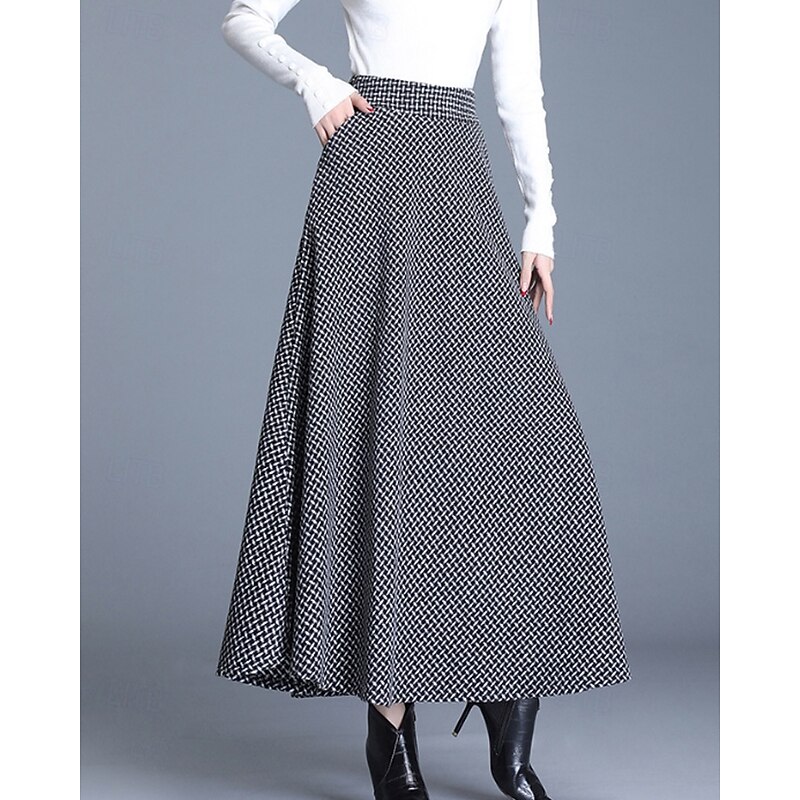 Women's Skirt Swing Fashion Midi Mid Rise Skirts Plaid Ruched Micro-elastic Street Daily Wine Dark Gray Khaki Light Grey Fall Acrylic4