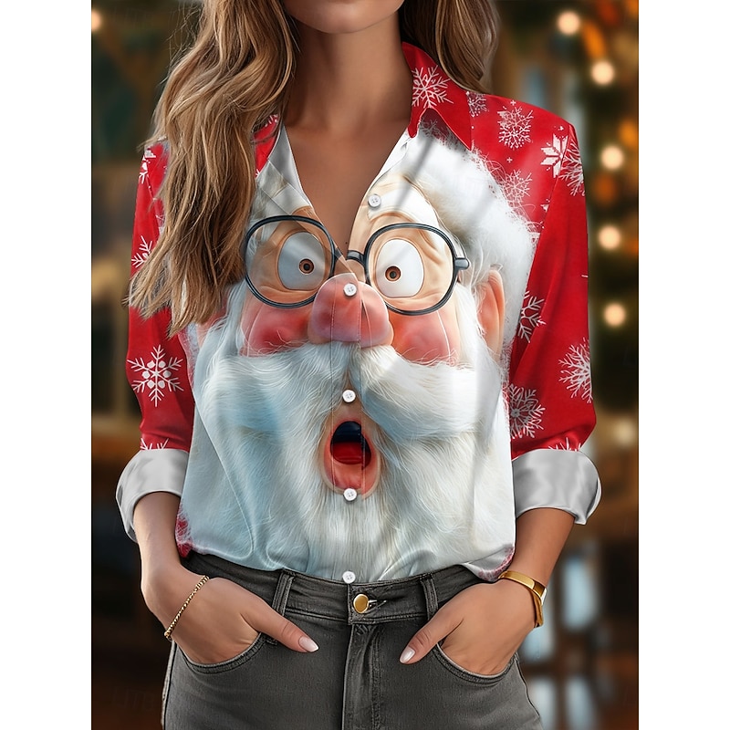 Christmas Women's Shirt Graphic Santa Claus Elegant Vintage Stylish Long Sleeve Shirt Collar Regular Tops Work Daily Holiday White Wine Red Red White Fall Winter2