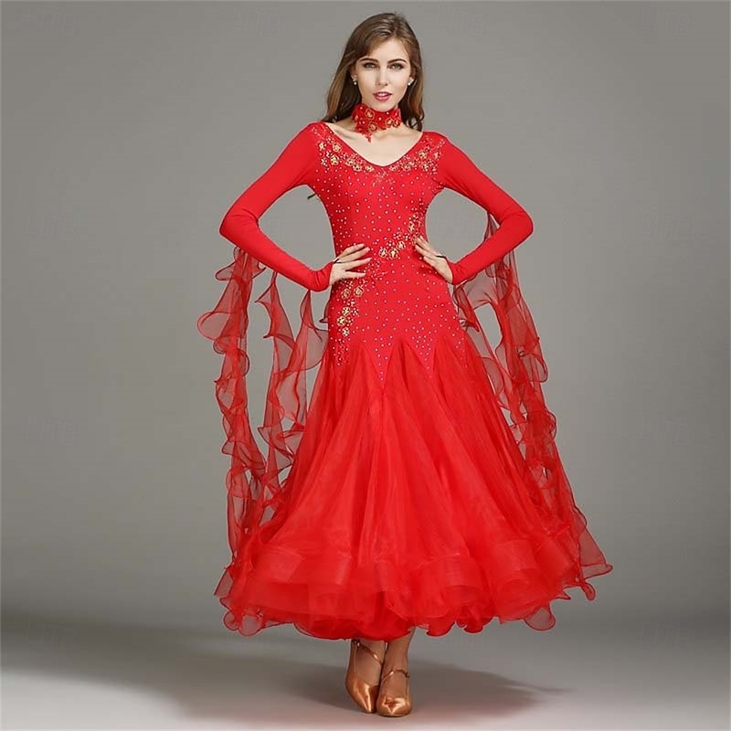 Women's Long Sleeve Waltz Modern Ballroom Dance Dress Competition Dresses2