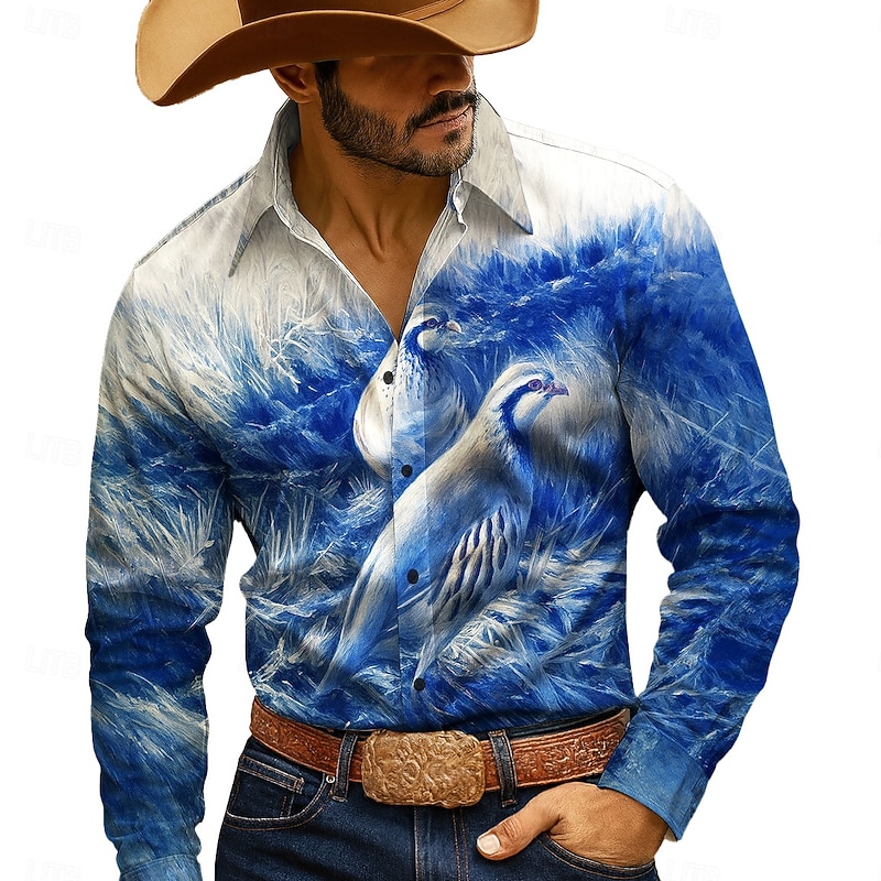 Men's Bird Wildlife Shirt Western Shirt Button Up Shirt Long Sleeve Vintage Retro Outdoor Casual WorkWear Spring Fall Turndown 3D Print Collared Shirts Blue Green Khaki