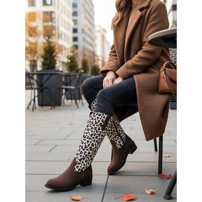 Women's Black and Animal Print Knee-High Boots with Block Heels, Trendy Urban Fashion Footwear for Stylish Looks