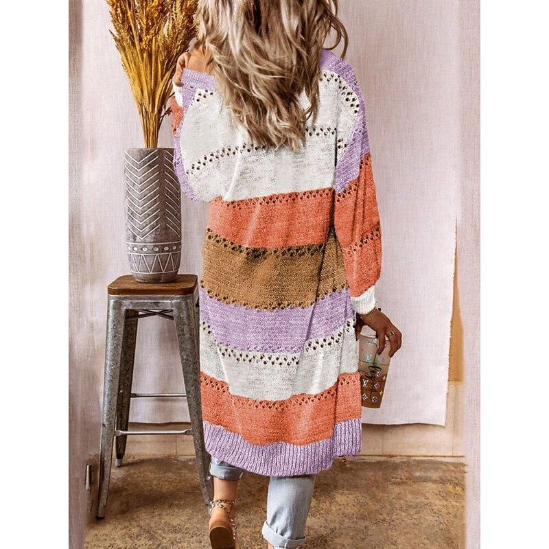 Women's Sweater Cardigan Elegant Fashion Streetwear Striped Open Front Pocket Knitted Long Sleeve Long Tops Knit Outdoor Daily Weekend Black Wine Spring Fall2