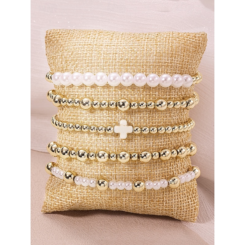 Women's Pearl and Gold Bead Bracelet Set – 6Pcs Stretch Layered Beaded Bangles, Elegant Fashion Jewelry for Parties, Weddings & Daily Wear2