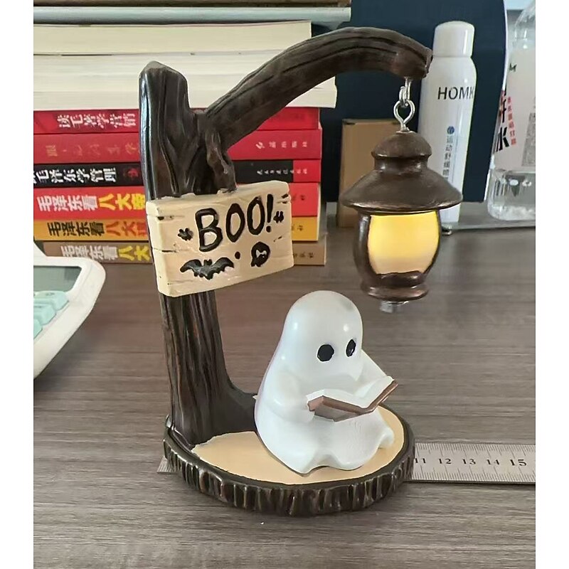 Cute Ghost Reading Lantern - Boo 3D Resin Halloween Ghost Reading Book Lamp with LED Warm Light Ghost Reading Book Lamp Decorative Night Lamp for Party, Bedroom, Study & Living Room Decor3