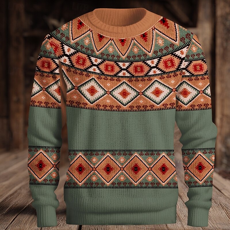 Christmas Men's Fair isle Sweater Pullover Sweater Jumper Knitwear Crewneck Casual Vacation Daily 3D Print Keep Warm Long Sleeve Spring Fall Winter Blue Orange Brown2