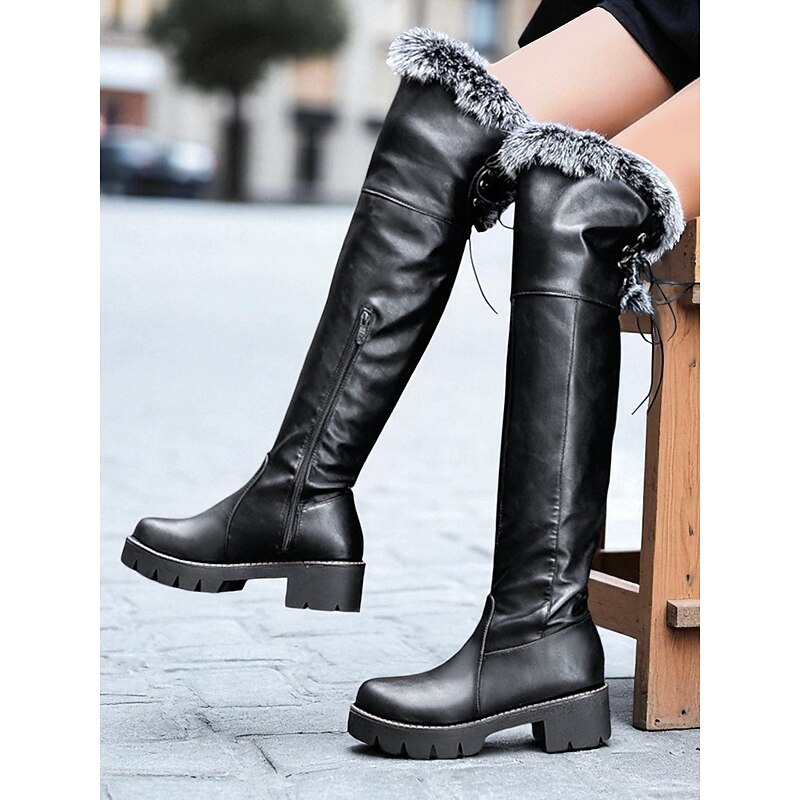 Women's Over the Knee Boots – Faux Leather Chunky Heel Platform Winter Shoes with Fur Trim for Streetwear and Parties2