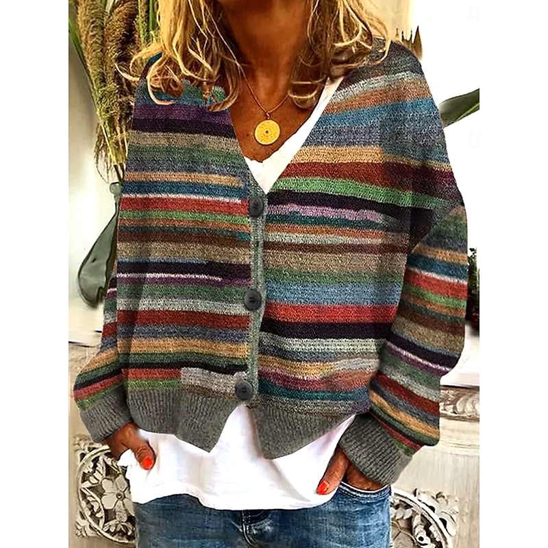Women's Sweater Cardigan Elegant Vintage Fashion Floral Geometric Striped V Neck Patchwork Pocket Knitted Long Sleeve Regular Tops Knit Outdoor Daily Weekend Wine Red Brown Fall Winter2