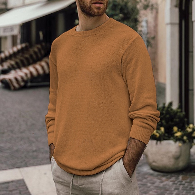 Men's Sweater Pullover Sweater Jumper Ribbed Knit Regular Tops Knitted Slim Fit Plain Crew Neck Knitwear Contemporary Casual Daily Wear Clothing Apparel Fall Black Yellow S M L2