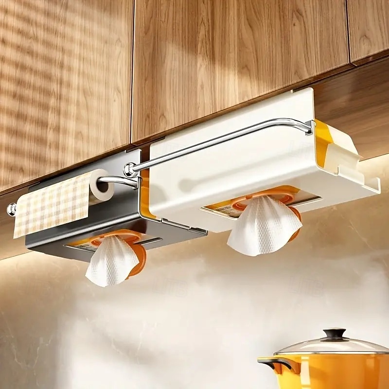 Wall-Mounted Cabinet Paper Towel Holder Under Cabinet Storage Box with Space-Saving Design Kitchen Storage Rack for Plastic Wrap and Dishcloths Modern Kitchen Countertop or Cabinet Organizer