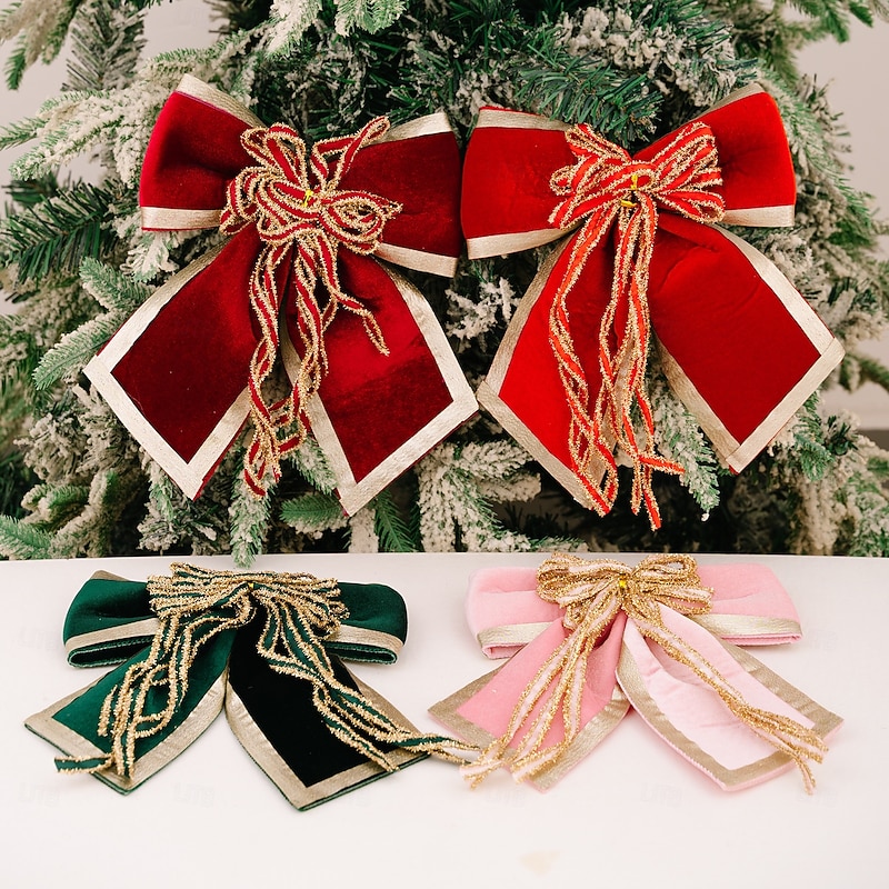 Christmas Bow Ornaments, Large Velvet Luxury Gold Trim Plush Bows for Christmas Tree Decoration, Holiday Party Indoor Outdoor Decor3