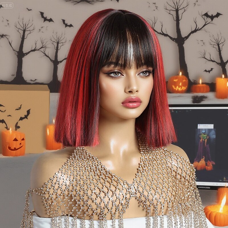 Synthetic Wig Straight Natural Straight Middle Part Neat Bang Wig 12 inch Black / Red Synthetic Hair 12 inch Women's Soft Comfy Mixed Color3