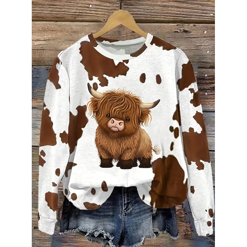 Women's Pullover Sweatshirt Graphic Cow Fashion Casual Long Sleeve Crew Neck Regular Tops Street Dailywear Casual Print White Fall Winter