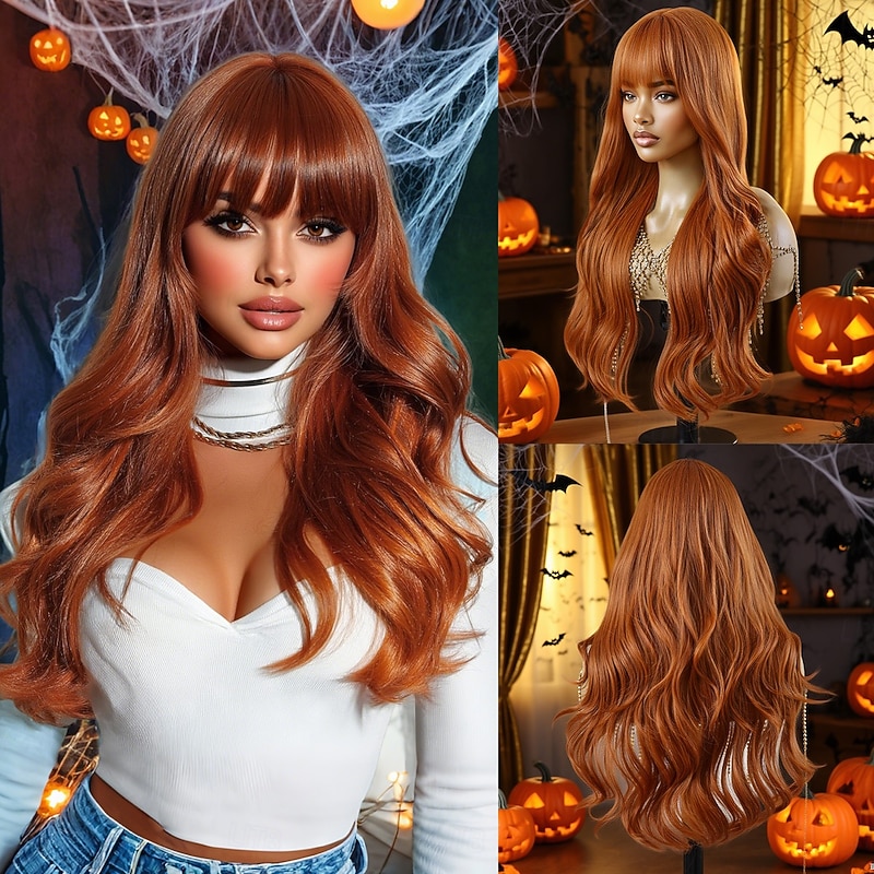 Synthetic Wig Curly Wavy Middle Part Neat Bang Wig 26 inch Auburn Synthetic Hair 26 inch Women's Soft Comfy Orange
