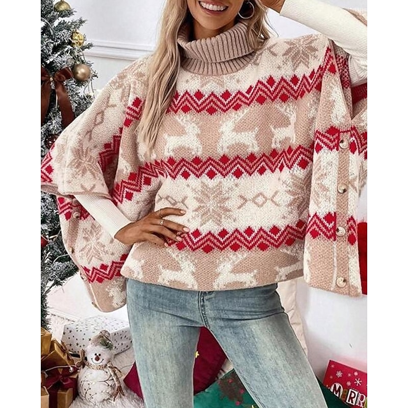 Women's Sweater Shrug Fair Isle Sweater Fashion Casual Snowflakes Ribbed Turtleneck Knitted Print Long Sleeve Regular Tops Knit Christmas Outdoor Daily Red Fall Winter