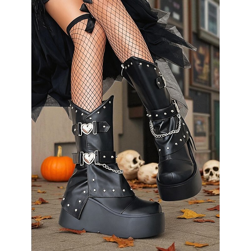 Women's Gothic Platform Mid Calf Boots Punk Rock Rivet Chain Black White Shoes for Halloween Party, Cosplay Costume, Nightclub Streetwear and Gothic Fashion4
