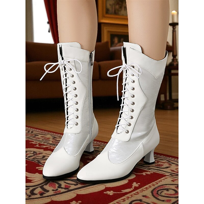Women's 1920s Victorian Lace-Up Mid Heel Boots - White Vintage Steampunk Ankle Boots for Costume, Historical Reenactments and Gatsby Events3