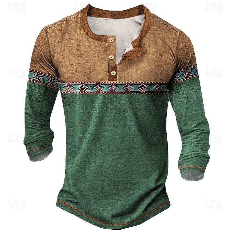 Men's Graphic Geometric Ethnic Henley Shirt Tee Long Sleeve Vintage Fashion Designer Outdoor Casual Daily Fall Spring &  Fall Deep Green Dark Brown Milk Green Henley Henley T-Shirt