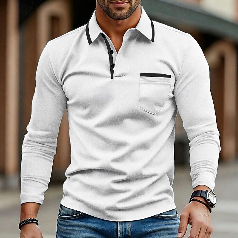 Men's Golf Shirt Golf Polos Shirts Work Casual Lapel Long Sleeve Basic Modern Color Block Pocket Buttons Spring Fall Regular Fit Black White Navy Blue Sky Blue Green Khaki Golf Shirt2