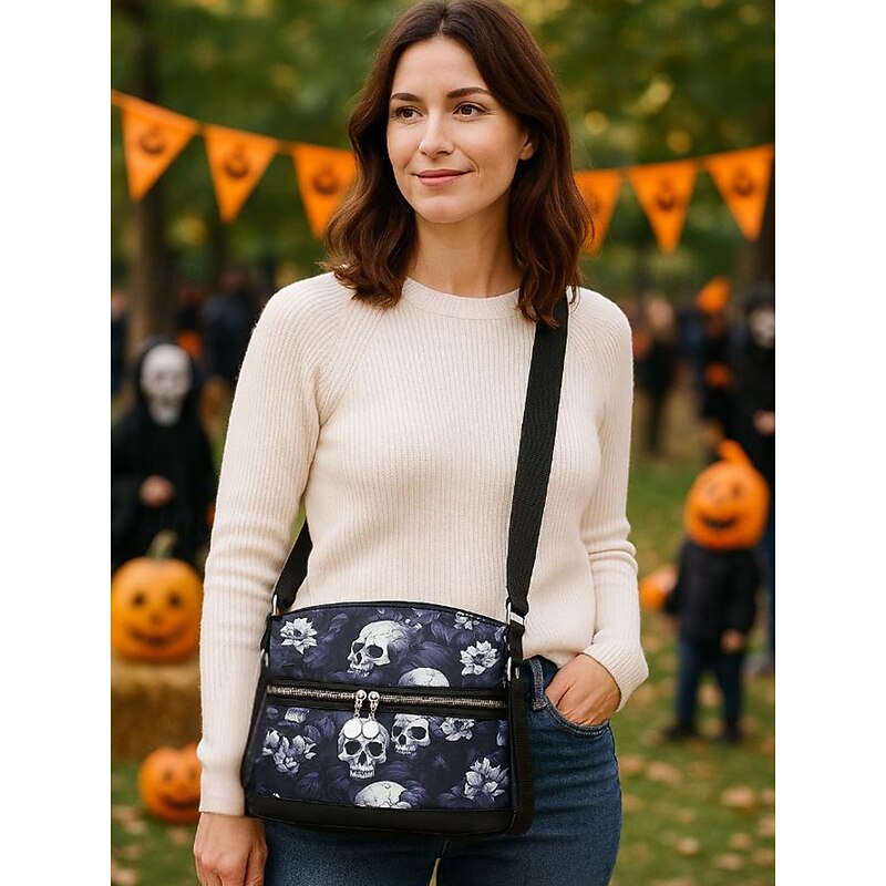 Women's Skull Print Crossbody Shoulder Bag – Gothic Floral Pattern, Casual Faux Leather Handbag for Halloween Party and Daily Use3