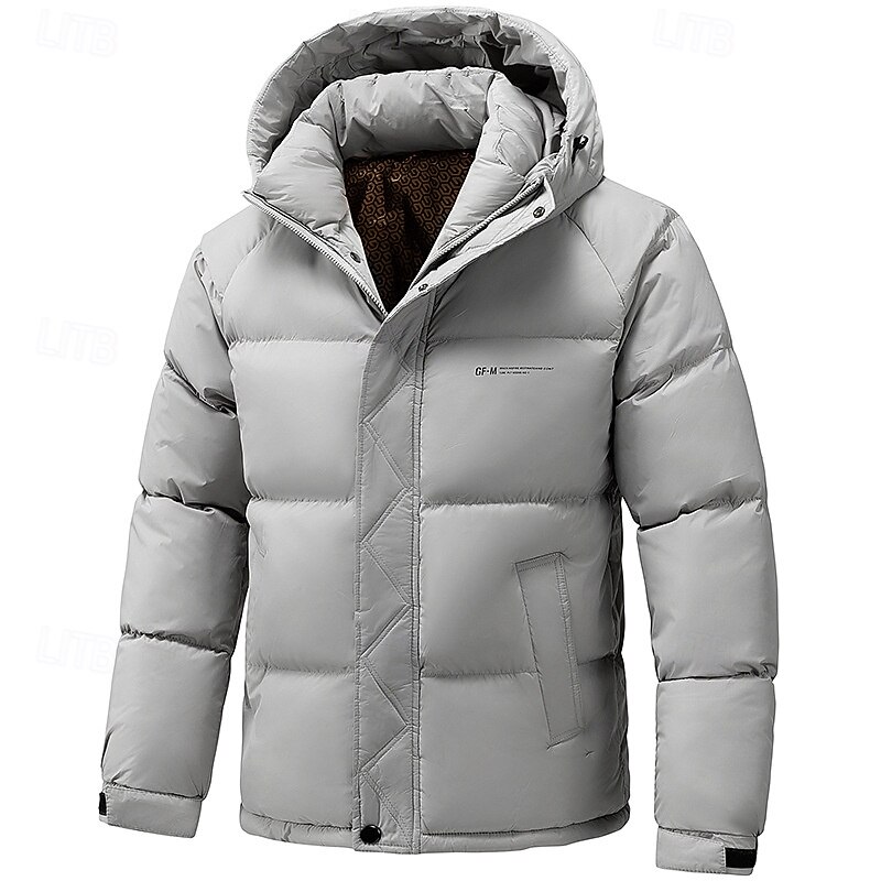 Men's Puffer Jacket Padded Pocket Full Zip Hooded Christmas Outdoor Street Regular Neutral Fashion Daily Winter Solid Color Dark Grey Black Light Grey Puffer Jacket2
