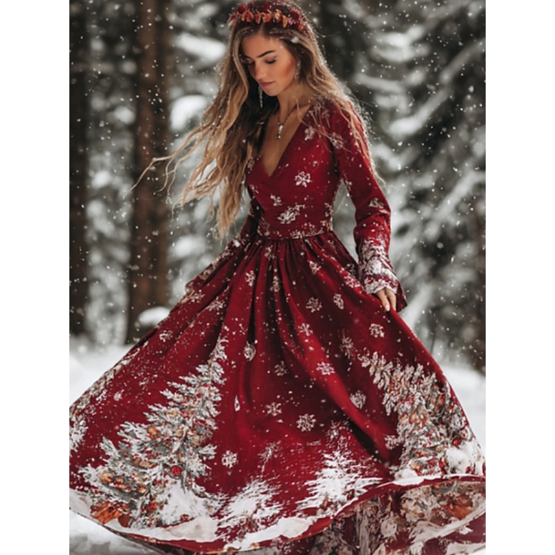 Christmas Women's Maxi Dress Pleated Dress Party Casual Boho Daily Date Going out Regular Fit Christmas Tree Long Sleeve V Neck Black Red Fall Winter