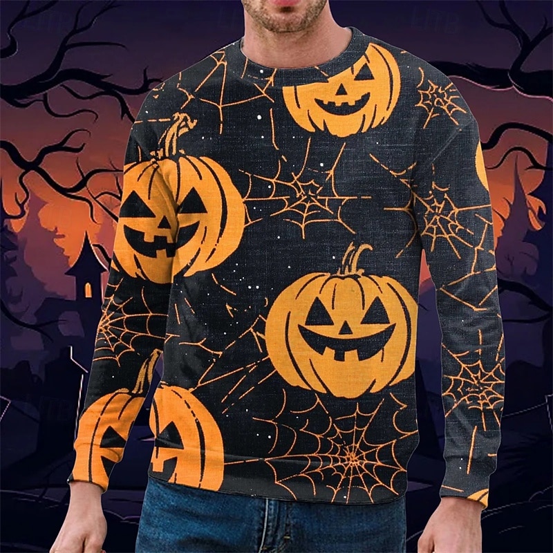 Men's Sweatshirt Yellow / Black Yellow & Black Black Yellow Orange Crew Neck Pumpkin Print Halloween Sports & Outdoor Daily Polyester Streetwear Basic Casual Spring Fall Clothing Apparel Hoodies2